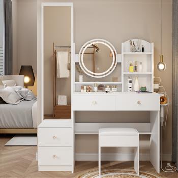 Full Body Mirror Cabinet + Round Mirror LED Vanity Table + Cushioned Stool, With 2 AC + 2 USB Power Station,17\\" diameter LED Mirror, Touch Control, 3-color, Brightness adjustable, Large desktop