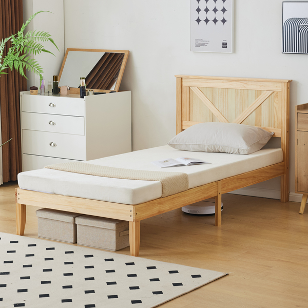 Twin Size Solid Wood Platform Bed Frame with Headboard Natural