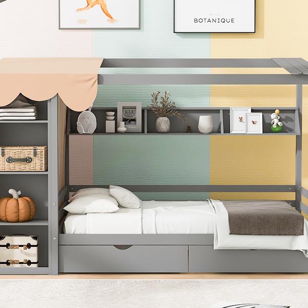 Twin size House Bed with Two Drawers and Wardrobe,Gray