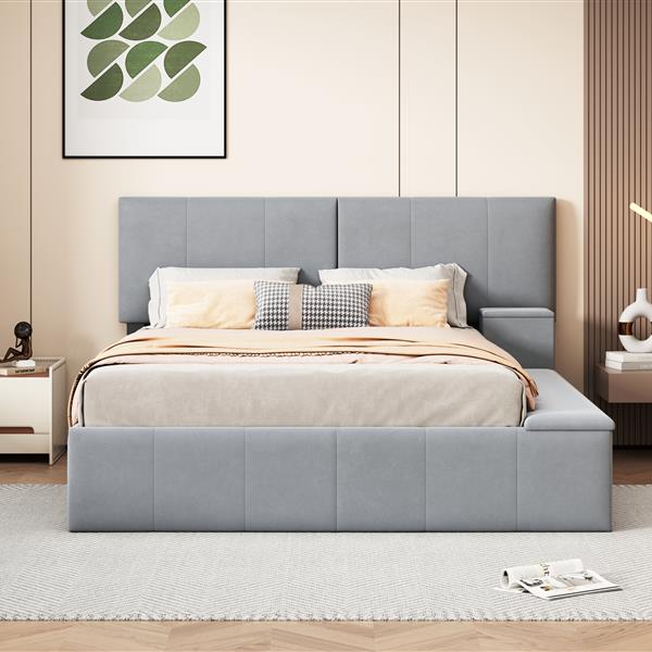 Queen Size Upholstered Platform Bed with Lateral Storage Compartments and Thick Fabric, Velvet, Gray