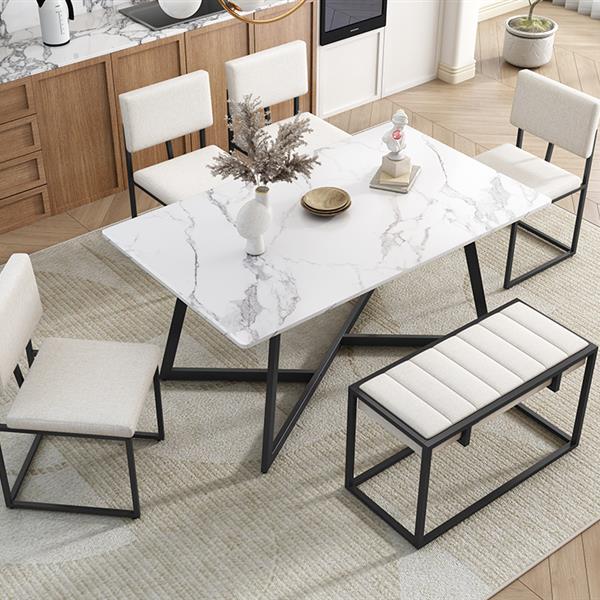 Modern Faux Marble 6-Piece Dining Table Set,60inch Metal Kitchen Table Set with Upholstered Dining Chairs and Bench, Black