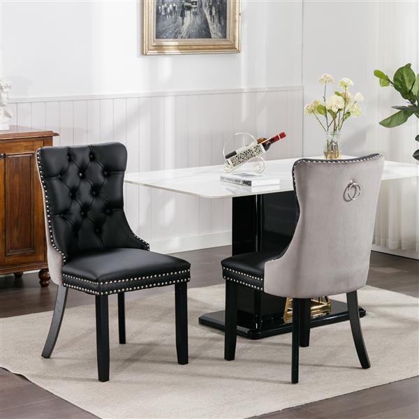 Furniture,Modern, High-end Tufted Solid Wood Contemporary PU and Velvet Upholstered Dining Chair with Wood Legs Nailhead Trim  2-Pcs Set，Black+Gray, SW2101BG