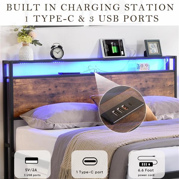 Queen Size Bed Frame with Storage Headboard and 2 Drawers, LED Lights Bed with Charging Station, Metal Platform Bed No Noise, Mattress Foundation Strong Metal Slats Support No Box Spring Needed