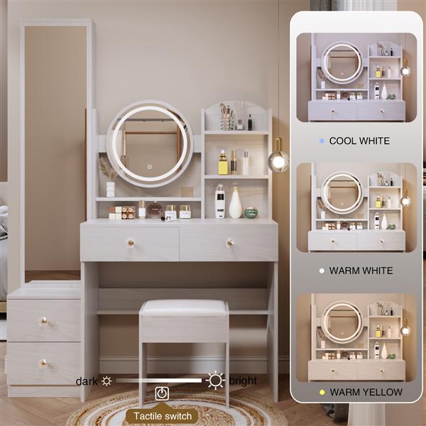 Full Body Mirror Cabinet + Round Mirror LED Vanity Table + Cushioned Stool, 17" diameter LED Mirror, Touch Control, 3-color, Brightness adjustable, Large desktop, Multi-layer High Capacity Storage