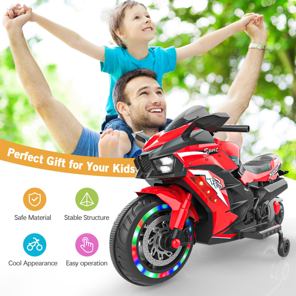 12V Electric Motorcycle for Kids, Powered Toy Motorcycle, Child Motorcycle Ride On with Light Wheels and Bluetooth Music Red (No shipping on weekends) (Temu, Walmart Amazon prohibited)