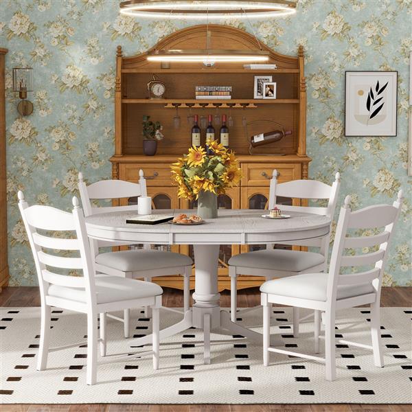 5-Piece Retro Functional Dining Table Set Wood Round Extendable Dining Table and 4 Upholstered Dining Chairs (Antique White)