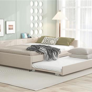 Queen Size Upholstered Platform Bed with USB and Twin Size Trundle, Beige