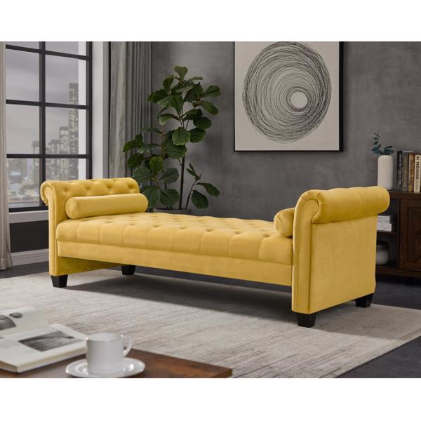 Yellow, Solid Wood Legs Velvet Rectangular Sofa Bench with Attached Cylindrical Pillows 