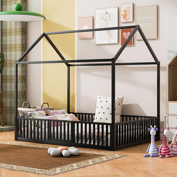 Full Size Metal House Bed with Fence and Door, Black