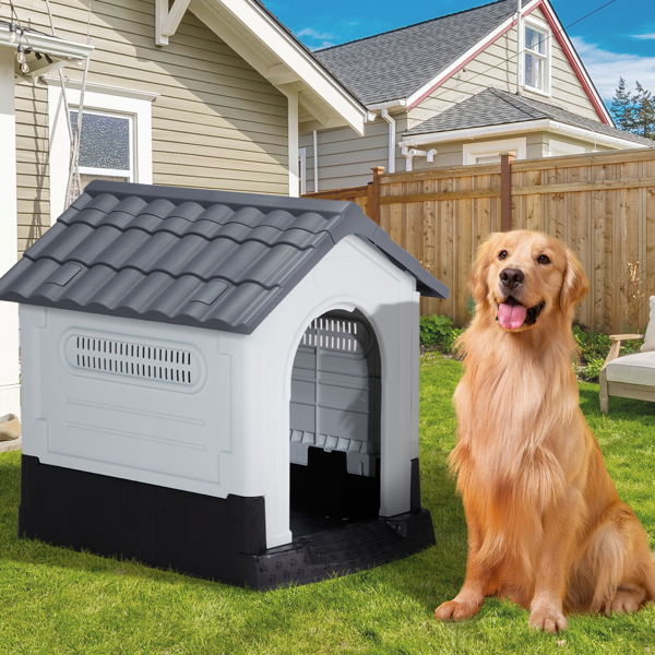 33 inch Large Plastic Dog House, Indoor Outdoor Doghouse Pet House with Air Vents and Elevated Floor, Insulated Water Resistant Puppy Shelter Kennel, Gray & White