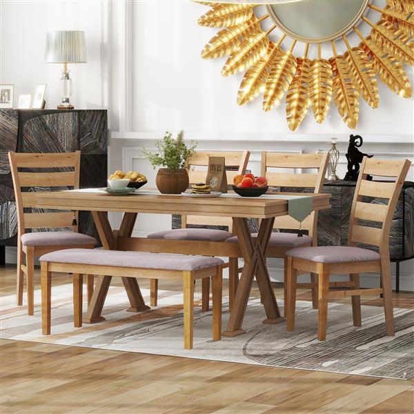 6-Piece Retro 59"L Rectangular Dining Table Set, Table with Unique Legs and 4 Upholstered Chairs & 1 Bench for Dining Room and Kitchen (Natural Wood Wash)