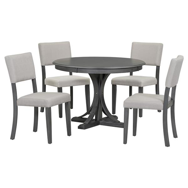 5-Piece Retro Round Dining Table Set with Curved Trestle Style Table Legs and 4 Upholstered Chairs for Dining Room (Dark Gray)