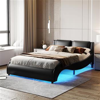 Queen Size Upholstered Faux Leather Platform Bed with LED Light Bed Frame with Slatted - Black