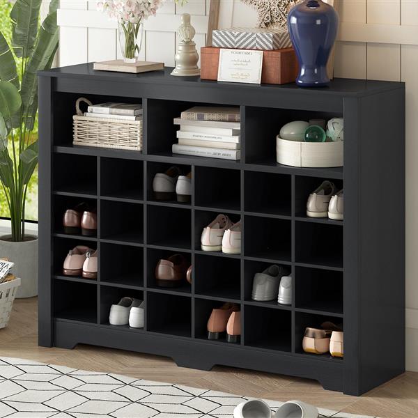 Sleek Design 24 Shoe Cubby Console, Modern Shoe Cabinet with Curved Base, Versatile Sideboard with High-quality for Hallway, Bedroom, Living Room, Black