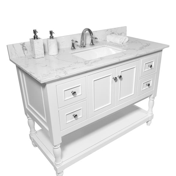 43x22 bathroom stone vanity top  engineered stone carrara white marble color with rectangle undermount ceramic sink and  3 faucet hole with back splash .