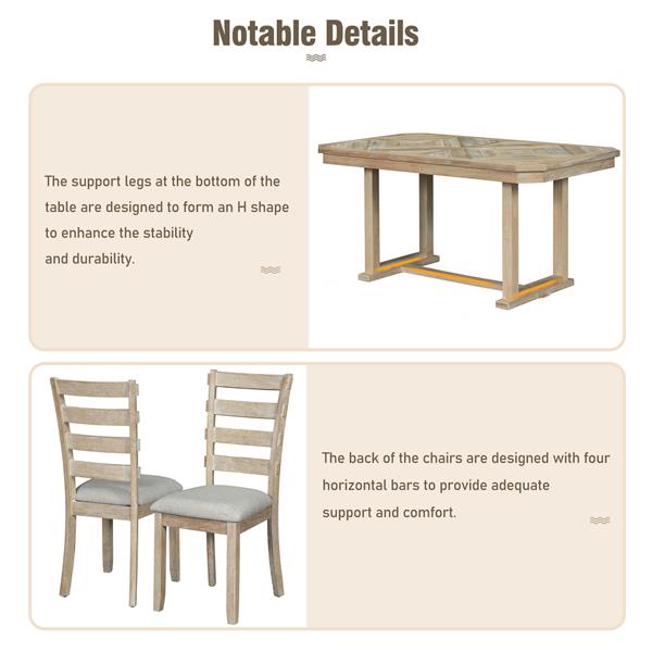 6-Piece Rubber Wood Dining Table Set with Beautiful Wood Grain Pattern Tabletop Solid Wood Veneer and Soft Cushion (Natural Wood Wash)