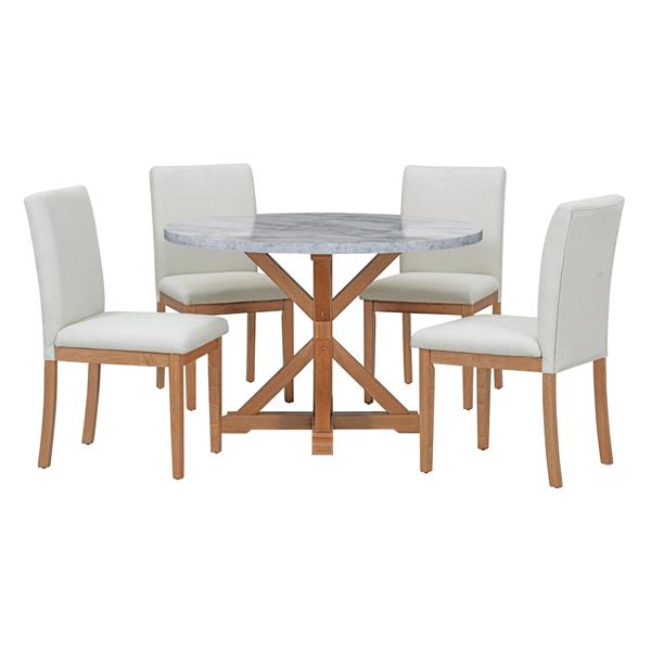 5-Piece Farmhouse Style Dining Table Set, Marble Sticker and Cross Bracket Pedestal Dining Table, and 4 Upholstered Chairs (White+Walnut)