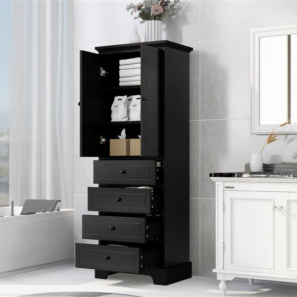 Storage Cabinet with 2 Doors and 4 Drawers for Bathroom, Office, Adjustable Shelf, MDF Board with Painted Finish, Black