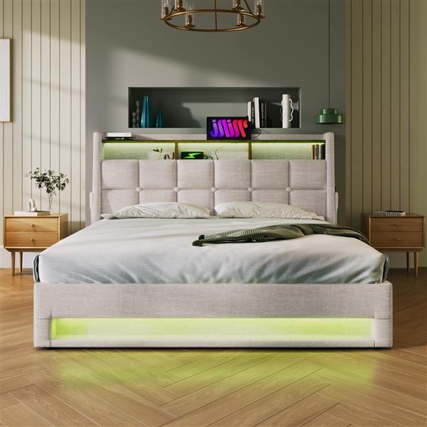 Full size Upholstered Platform bed with a Hydraulic Storage System, LED and USB Charging, Natural (without mattress)