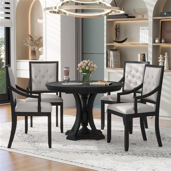 Retro 5-piece Dining Set Extendable Round Table and 4 Chairs for Kitchen Dining Room (BLACK OAK)