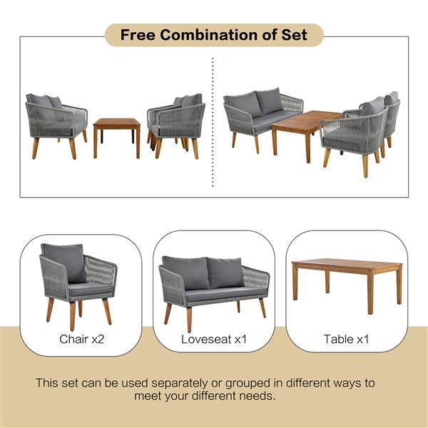 4-Piece Patio Conversation Set, Solid Wood Loveseat, 2 Chairs and Table, Outdoor Conversation Group with Cushions for Backyard, Poolside, Garden (Dark Grey Cushion + Grey Rope)