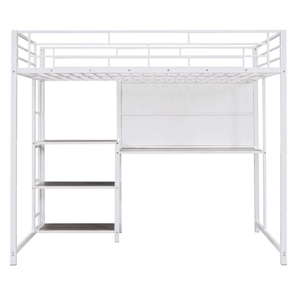 Full Size Loft Bed with Desk and Whiteboard, Metal Loft Bed with 3 Shelves and Ladder, White