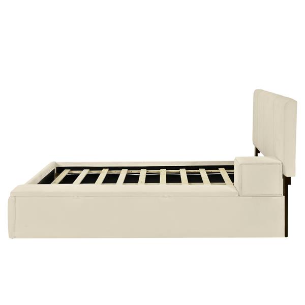 Full Size Upholstered Platform Bed with Lateral Storage Compartments and Thick Fabric, Velvet, Beige