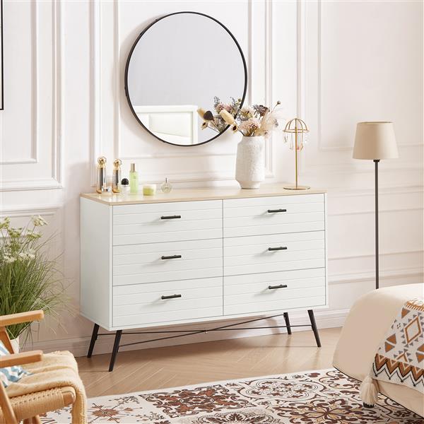 6 Drawer Dresser for Bedroom with Deep Drawers, Wood Dressers & Chest of Drawers, Modern White Long Dressers for Closet Living Room, 47.2"W x 15.7"D x 31.5"H, White & oak