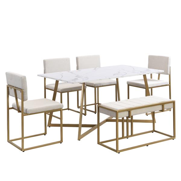 Modern Faux Marble 6-Piece Dining Table Set,60inch Metal Kitchen Table Set with Upholstered Dining Chairs and Bench, Golden