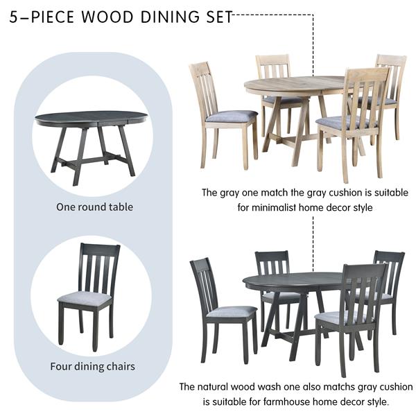 5-Piece Wood Dining Table Set Round Extendable Dining Table with 4 Dining Chairs, Dining Room Table Set for 4 person for Dining Room (Gray)