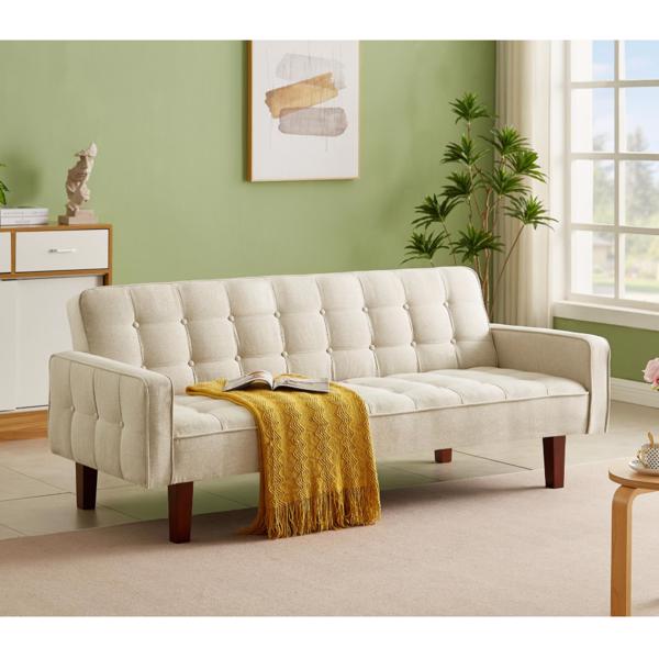 Beige, Linen Futon Sofa Bed 73.62 Inch Fabric Upholstered Convertible Sofa Bed, Minimalist Style for Living Room, Bedroom.