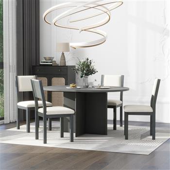 5-Piece Retro Functional Dining Set, 1 Extendable Table with a 16-inch Leaf and 4 Upholstered Chairs for Dining Room and Kitchen (Gray)