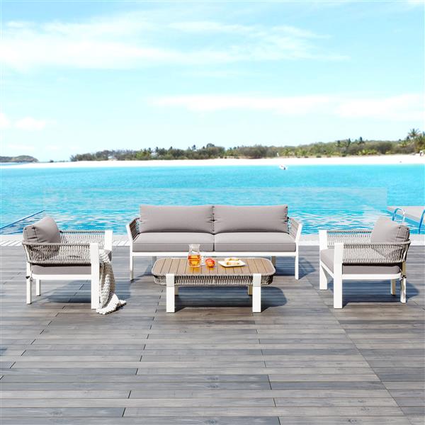 4-Piece Outdoor Patio Conversation Set with Coffee Table and Soft Waterproof Cushions for Garden, Poolside and Backyard(Brown Rope+Brown Gray Cushion)