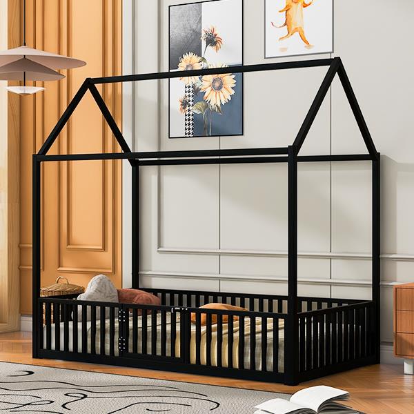 Twin Size Metal House Bed with Fence and Door, Black