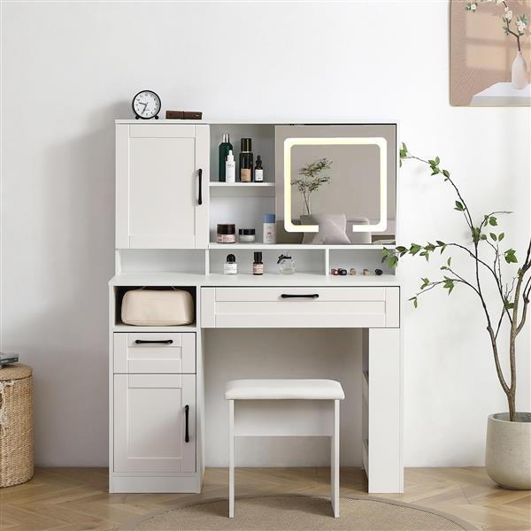 Vanity table with large sliding lighted mirror, dressing table with 2 drawers, storage shelves and upholstered stool, white color