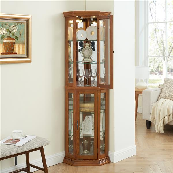 Corner Curio Cabinet Lighted Corner Display, Glass Display Shelf Shelving Bar cabinet with Tempered Glass Door, Bar Cabinet,Cabinet with Adjustable Shelf Glass Cabinet Shelves Bead Bulb Included OAK