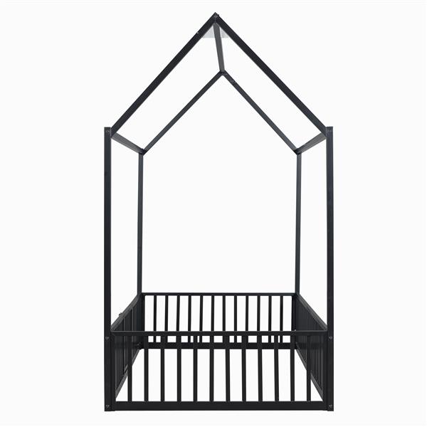 Twin Size Metal House Bed with Fence and Door, Black