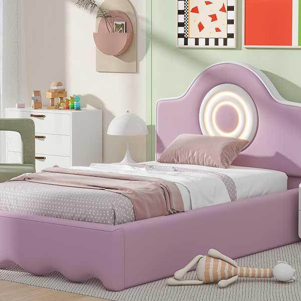 Twin Size Upholstered Platform Bed with LED Headboard, Pink