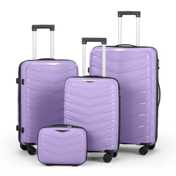 FCH V-shaped stripes 4-piece set with PP handbag PP trolley case 14in 20in 24in 28in PP iron trolley fashionable color - taro purple (grain pattern)