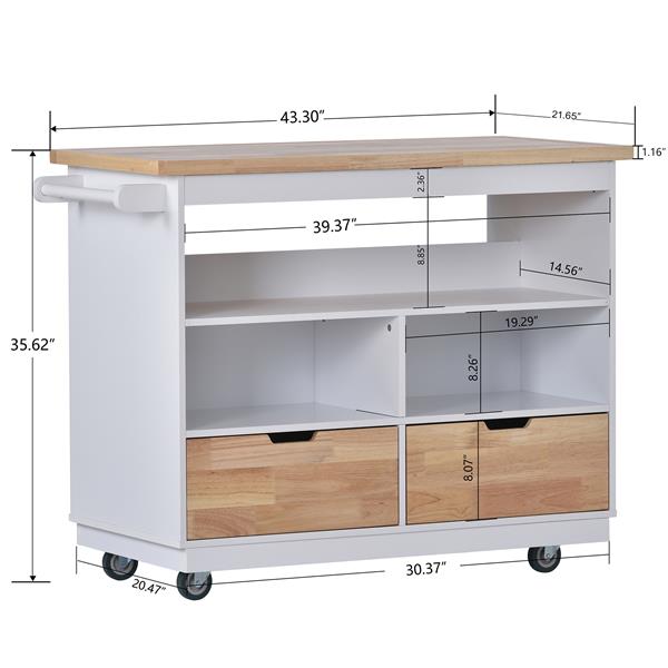 Rolling Kitchen Island with Storage, Two-sided Kitchen island Cart on Wheels with RubberWood Top,Wine and Spice Rack, Large Kitchen Cart with 2 Drawers, 3 Open Compartments, White