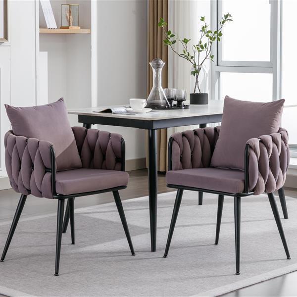 Pure Purple Modern Velvet Dining Chairs Set of 2 Hand Weaving Accent Chairs Living Room Chairs Upholstered Side Chair with Black Metal Legs for Dining Room Kitchen Vanity Living Room