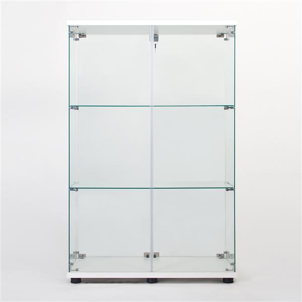 Two Door Glass Cabinet Glass Display Cabinet with 3 Shelves, White