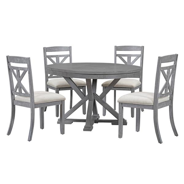 5-Piece Retro Functional Dining Table Set Extendable Round Table and 4 Upholstered Chairs for Dining Room and Living Room (Grey)