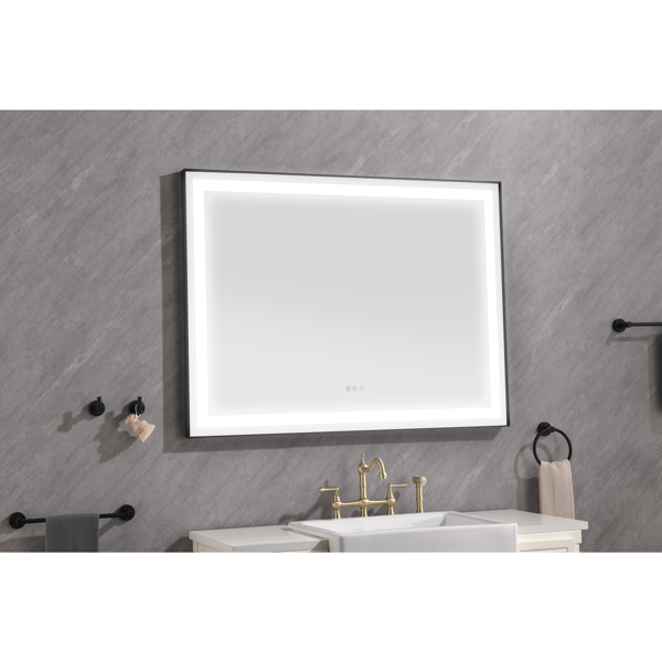 48x36 Inch LED Frontlit Bathroom Mirror with Metal Frame, Wall Mounted Vanity Mirror with Smart Touch Button, Anti-Fog, Memory Function, 3 Colors, Stepless Dimmable Makeup Mirror