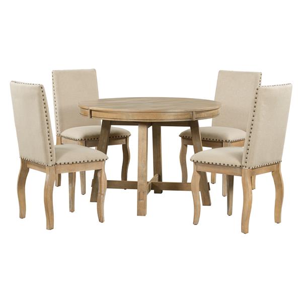 5-Piece Farmhouse Dining Table Set Wood Round Extendable Dining Table and 4 Upholstered Dining Chairs (Natural Wood Wash)