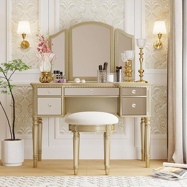 43" Dressing Table Set with Mirrored Drawers and Stool, Tri-fold Mirror, Makeup Vanity Set for Bedroom, Gold