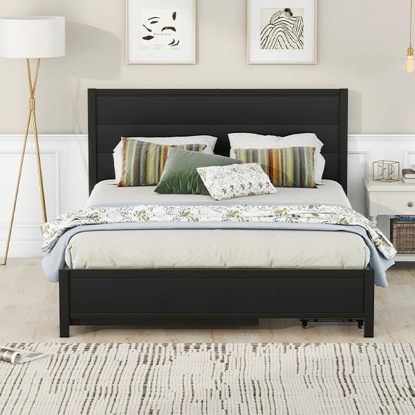 Metal Queen Size Storage Platform Bed with Twin Size Trundle and 2 Drawers, Black