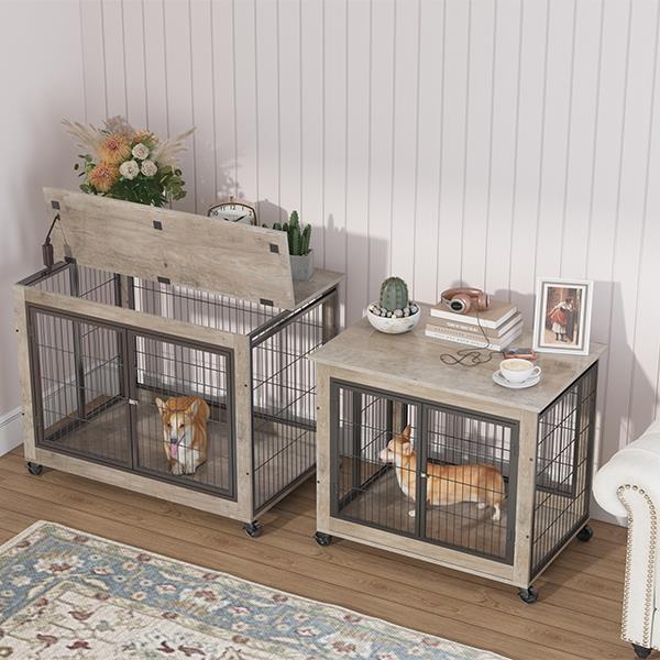 Furniture Style Dog Crate Side Table on Wheels with Double Doors and Lift Top.Grey,38.58''w x 25.5''d x 27.36''h.