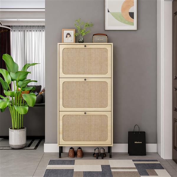 Natural  Rattan 3 Door Shoe Rack, Freestanding Modern Shoe Storage Cabinet, for Entryway