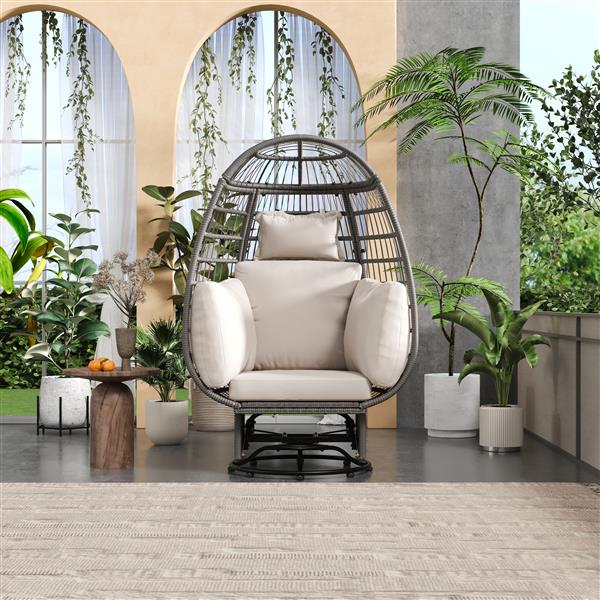 Outdoor Swivel Chair with Cushions, Rattan Egg Patio Chair with Rocking Function for Balcony, Poolside and Garden (Grey Wicker + Beige Cushion)